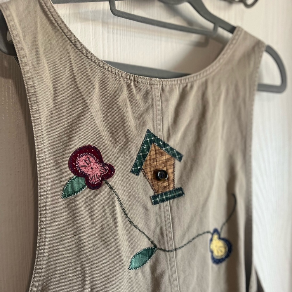 Vintage Haiks XL Patchwork Embroidered Bird House Floral Beige Overalls. - Picture 8 of 12